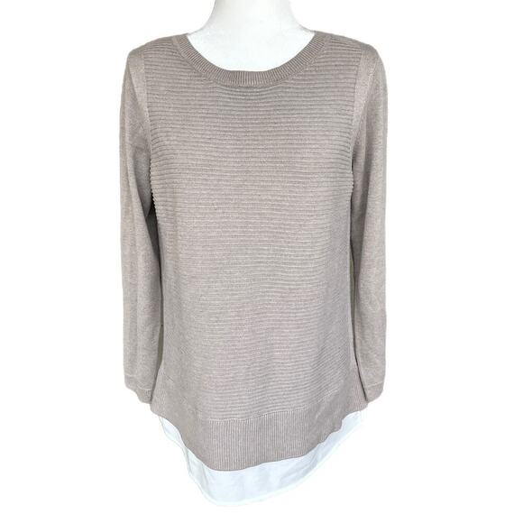 Hilary Radley Women's Mock Layered 2fer Sweater M Taupe Beige Peek a Boo Hem - Picture 1 of 7